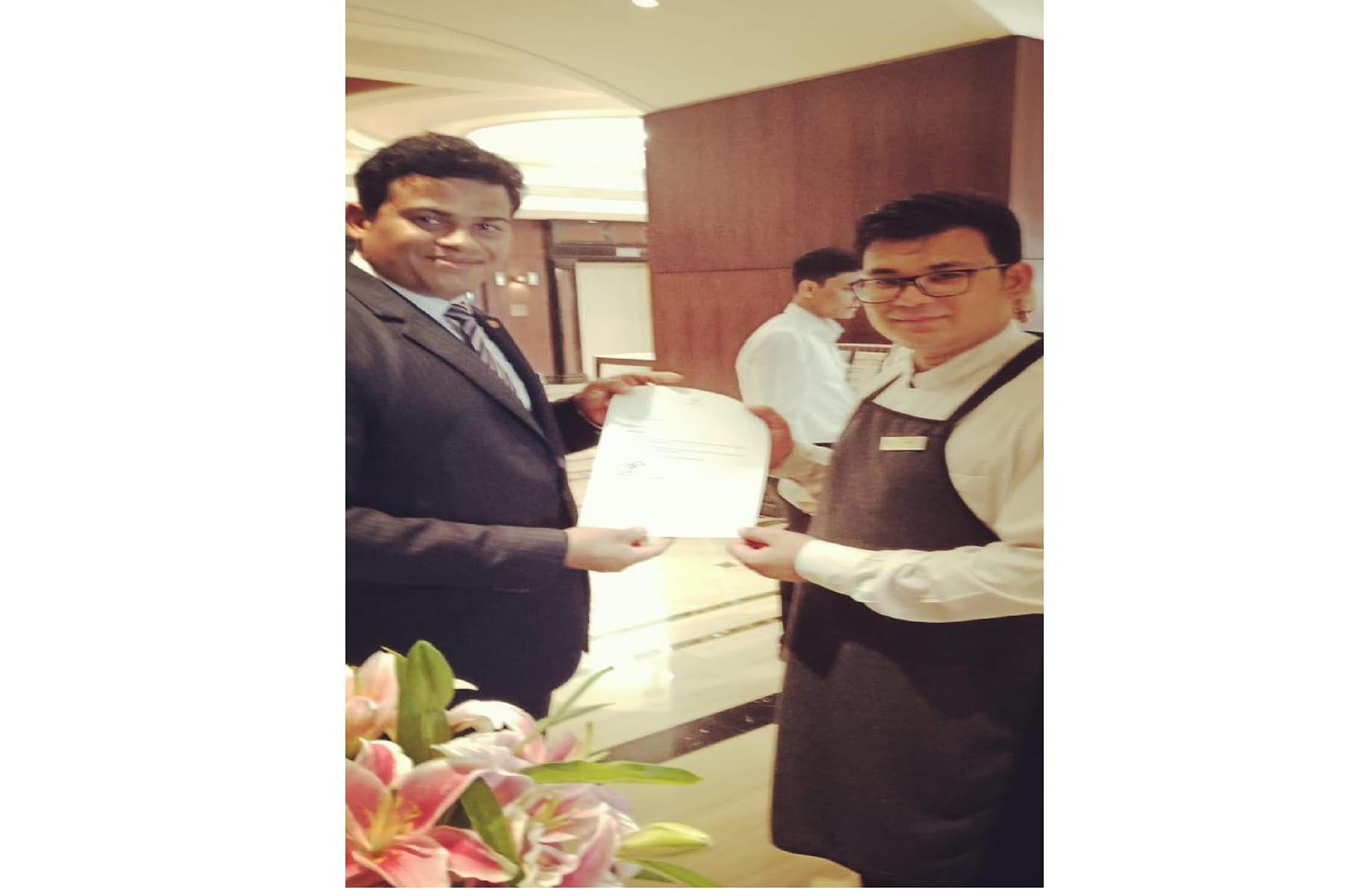 Certificate of Excellence to Mr. Tarun Bisht; Taj Lands End, Mumbai