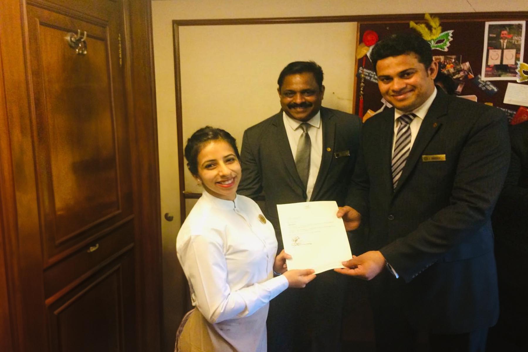 Certificate of Excellence to Ms. Simmy Wadhwa; Taj Lands End, Mumbai